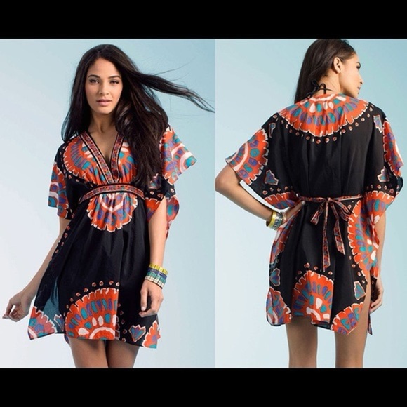 TRINA TURK | GUC Black & Multi Colored Beach Coverup Deep‎ V w/ Tie Back Size S - Picture 1 of 8